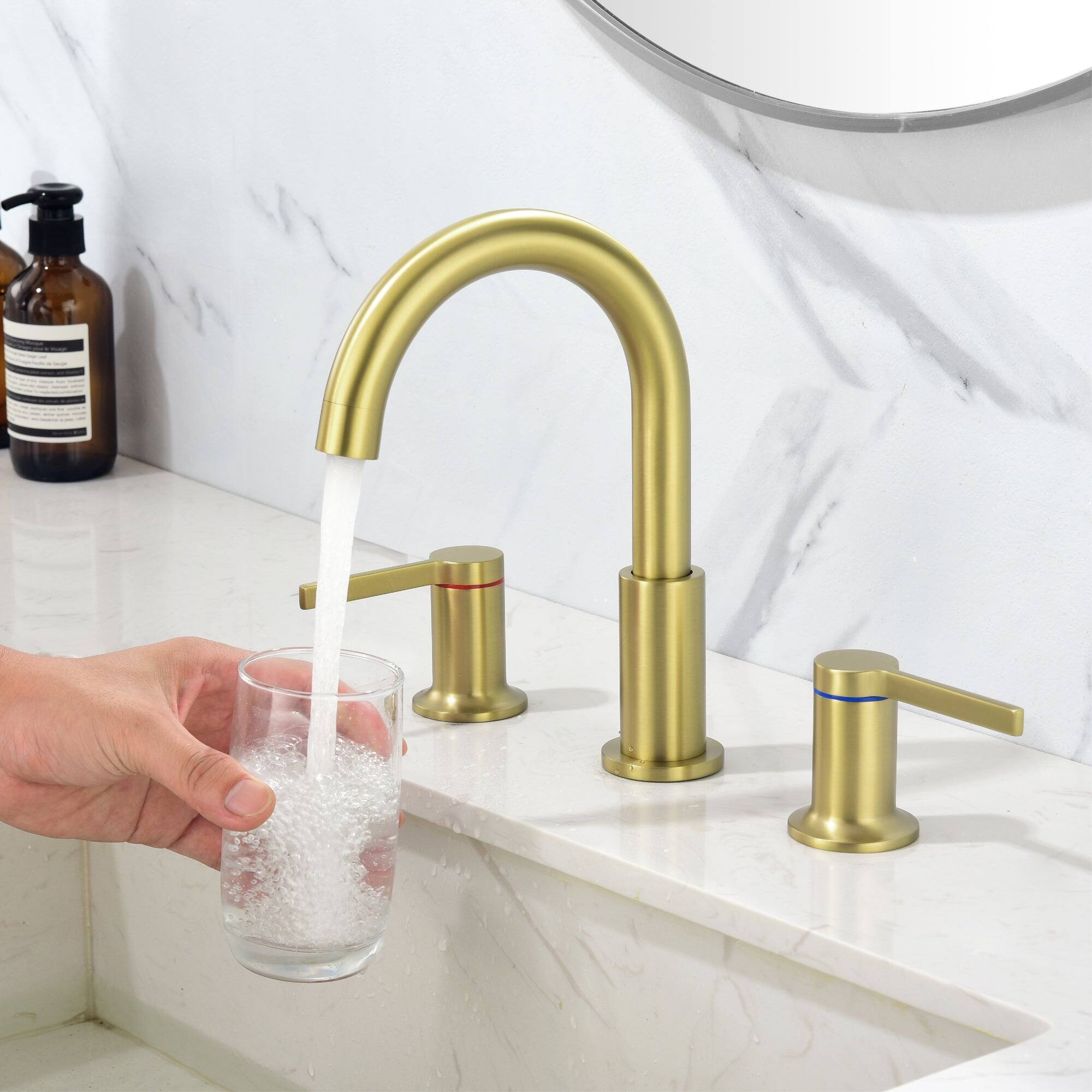 Angle. Boyel Living - 8 in Widespread Double Handle 1.2 GPM Bathroom Faucet with Quick Connect Hose and Water Supply Hose in Brushed Gold - Brushed Gold.