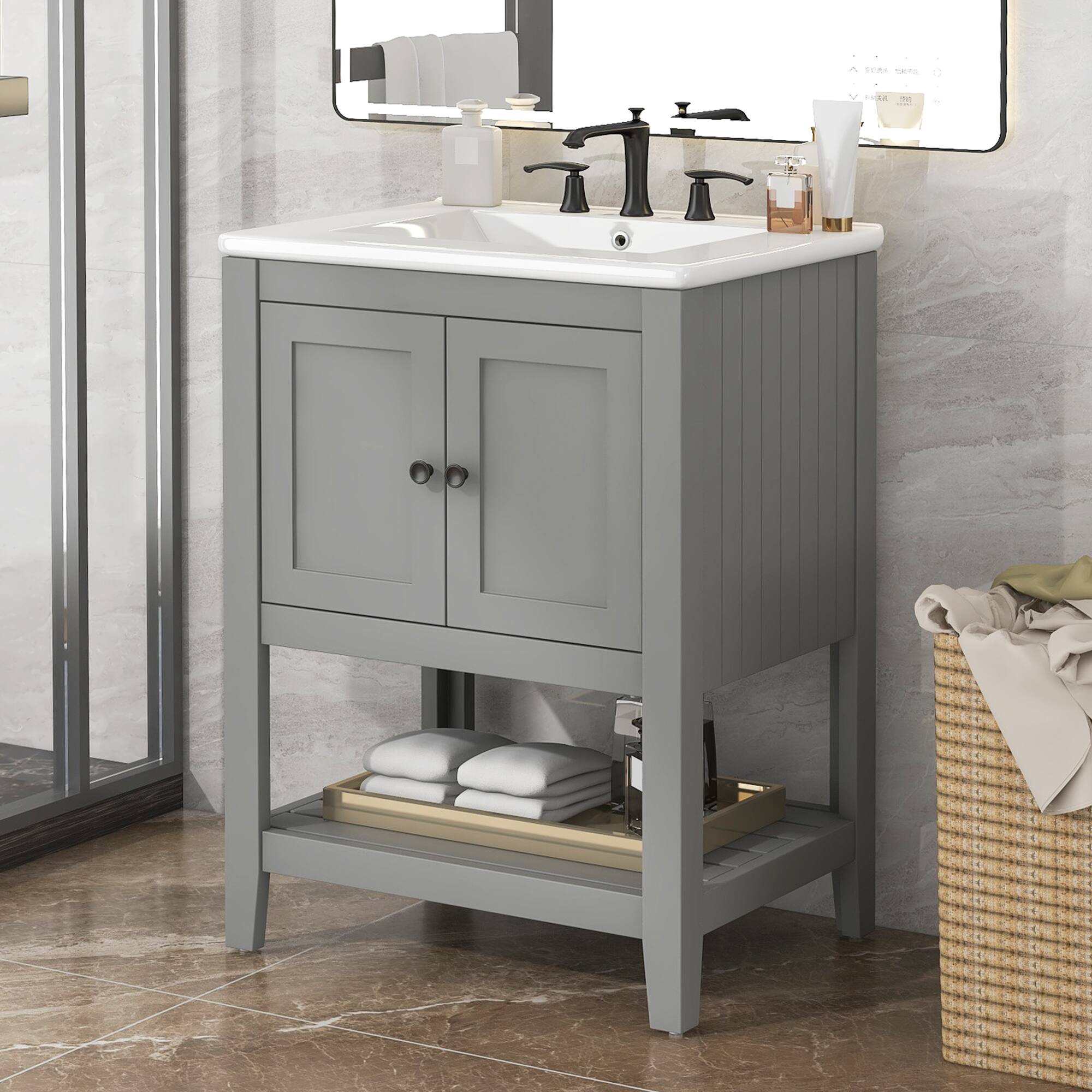 Front. Whisen - 24-Inch Freestanding Bathroom Vanity with Ceramic Sink and Open Style Shelf - Gray.