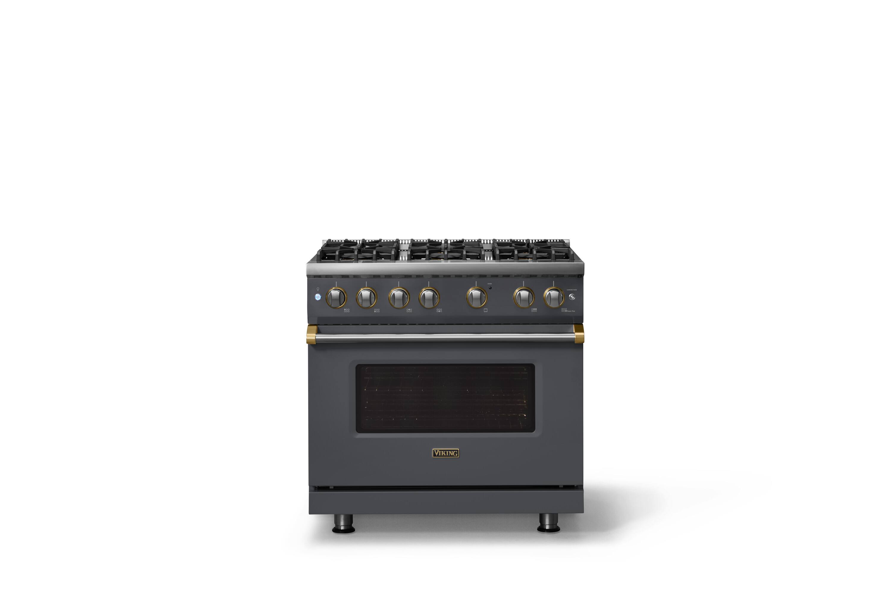 Alt View 1. Viking - Pro 5 Series 5.1 Cu. Ft. Freestanding Sealed 6 Burner Gas Convection Range - Damascus Gray w. Brushed Brass Trim - Cast Black.