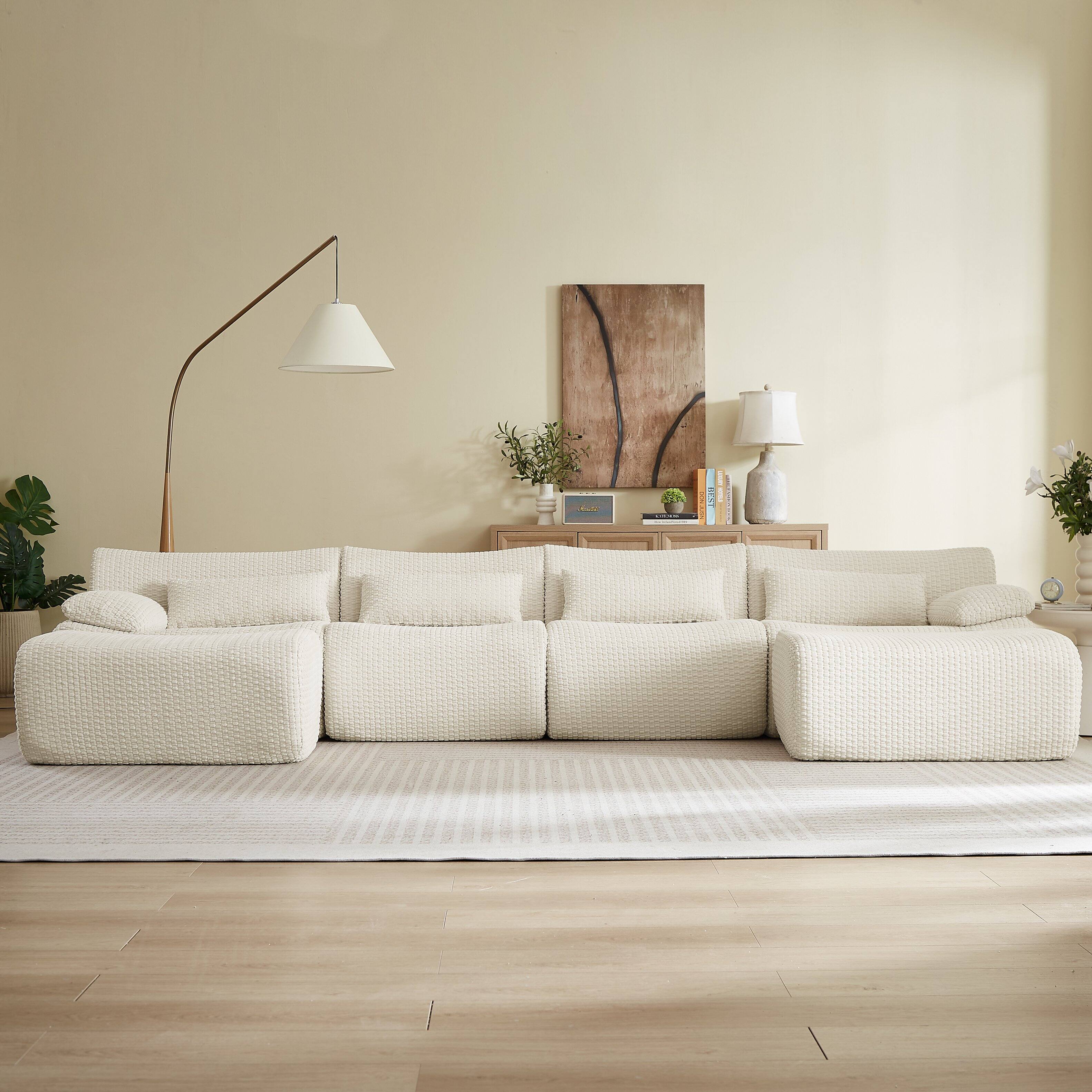 Angle. Anysun - 6 Seat U-Shape Convertible Sectional Couch with Ottoman, Cloud Comfort Corduroy Fabric Sofa for Living Room - Cream.