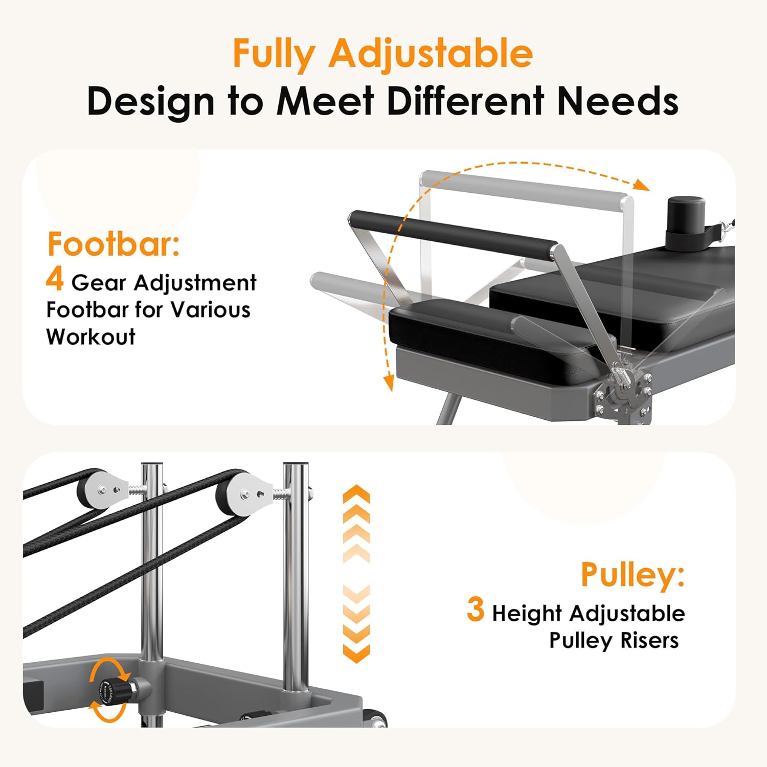 Fully Adjustable Design to Meet Different Needs

Footbar:
4 Gear Adjustment Footbar for Various Workout

Pulley:
3 Height Adjustable Pulley Risers