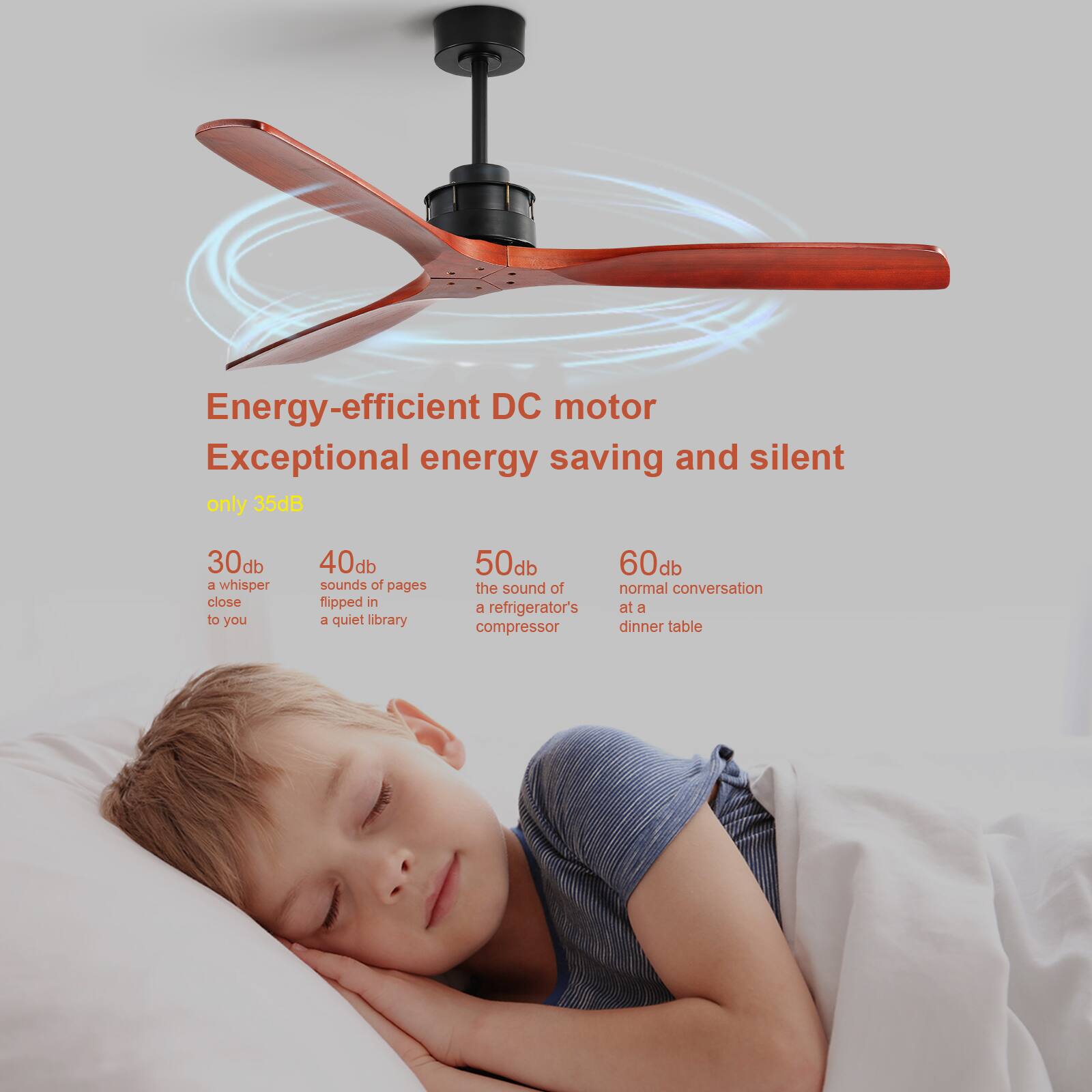 Energy-efficient DC motor  
Exceptional energy saving and silent  
only 35dB  

30db  
a whisper close to you  

40db  
sounds of pages flipped in a quiet library  

50db  
the sound of a refrigerator's compressor  

60db  
normal conversation at a dinner table