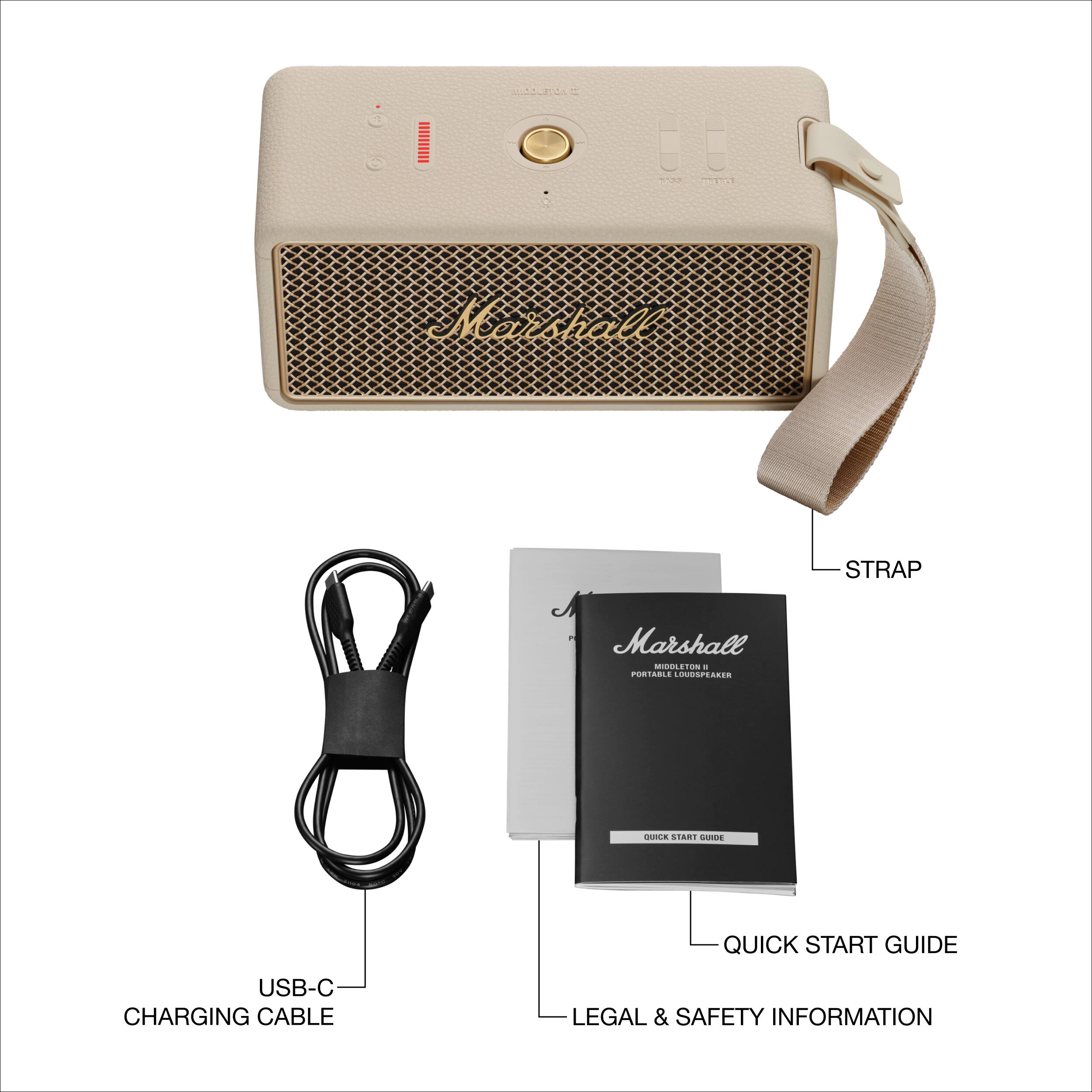 Marshall Portable Speaker with Strap and Quick Start Guide USB-C Charging Cable Legal & Safety Information
