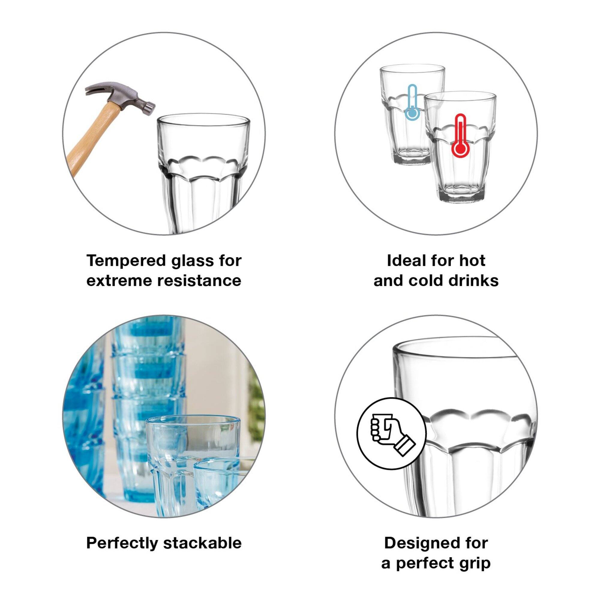 Tempered glass for extreme resistance  
Ideal for hot and cold drinks  
Perfectly stackable  
Designed for a perfect grip