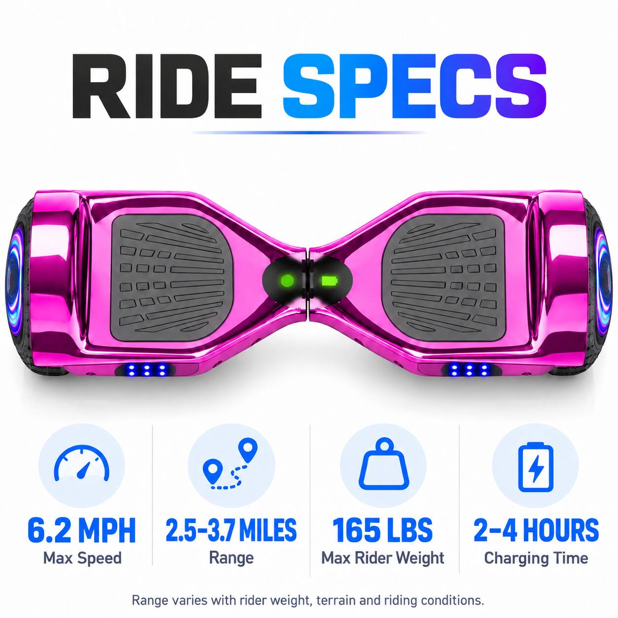 RIDE SPECS

6.2 MPH
2.5-3.7 MILES
165 LBS Max Rider Weight
2-4 HOURS Charging Time

Range varies with rider weight, terrain and riding conditions.