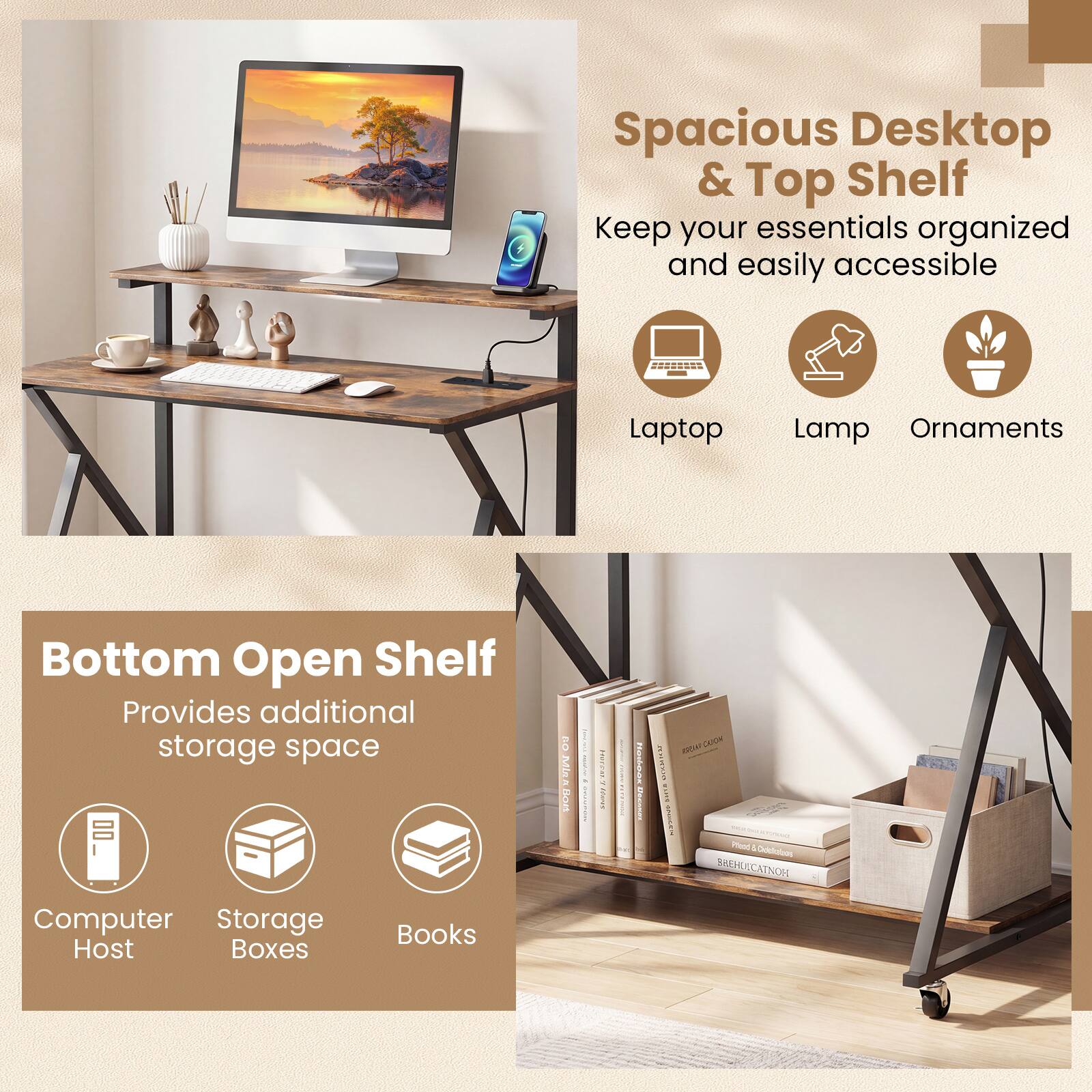 Spacious Desktop & Top Shelf  
Keep your essentials organized and easily accessible  
Laptop Lamp Ornaments  

Bottom Open Shelf  
Provides additional storage space  
Computer Host Storage Boxes Books
