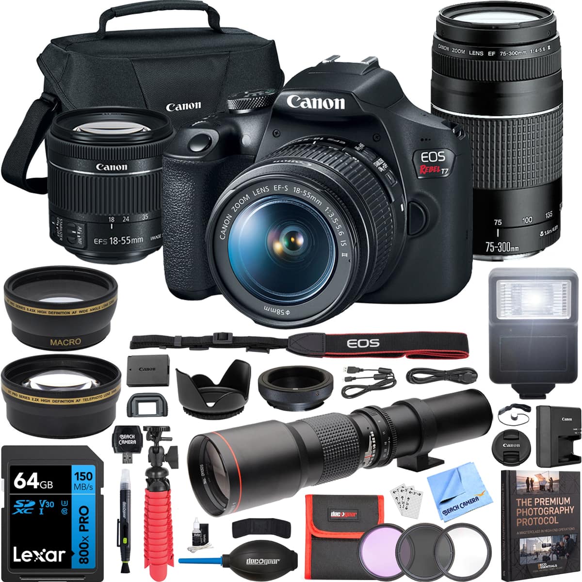 Bundle - Canon - EOS Rebel T7 DSLR Camera w/ 18-55mm II + 75-300mm III Dual Lens Kit Pro Accessory - Black