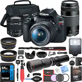 Bundle - Canon - EOS Rebel T7 DSLR Camera w/ 18-55mm II + 75-300mm III Dual Lens Kit Pro Accessory - Black