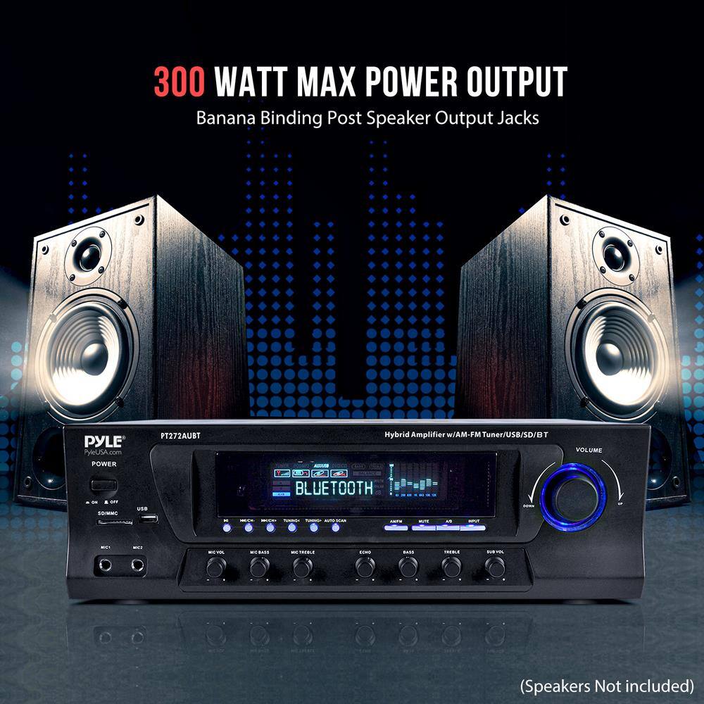 300 WATT MAX POWER OUTPUT  
Banana Binding Post Speaker Output Jacks  

PT272AUBT  
PYLE  
PyleUSA.com  

Hybrid Amplifier / AM-FM Tuner / USB / SD / BT  

BLUETOOTH  

(Speakers Not included)