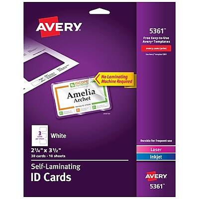 AVERY  
5361  
Free Easy-to-Use Avery Templates  
Avery.com/print  
No Laminating Machine Required  
Amelia Archet  
3 White  
2 1/4" x 3 1/2"  
30 Cards - 10 Sheets  
Self-Laminating ID Cards  
Laser Inkjet  
Durable for frequent use  
AVERY  
5361