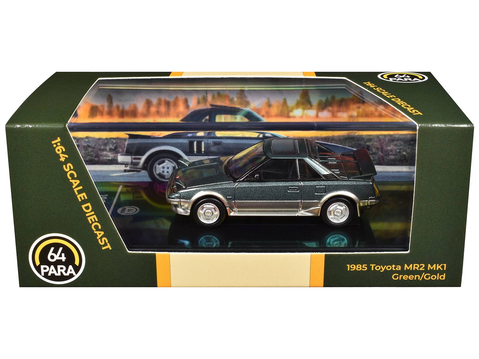 1:64 SCALE DIECAST  
64 PARA  
MA SCALE-DIECAST  
1985 Toyota MR2 MK1 Green/Gold