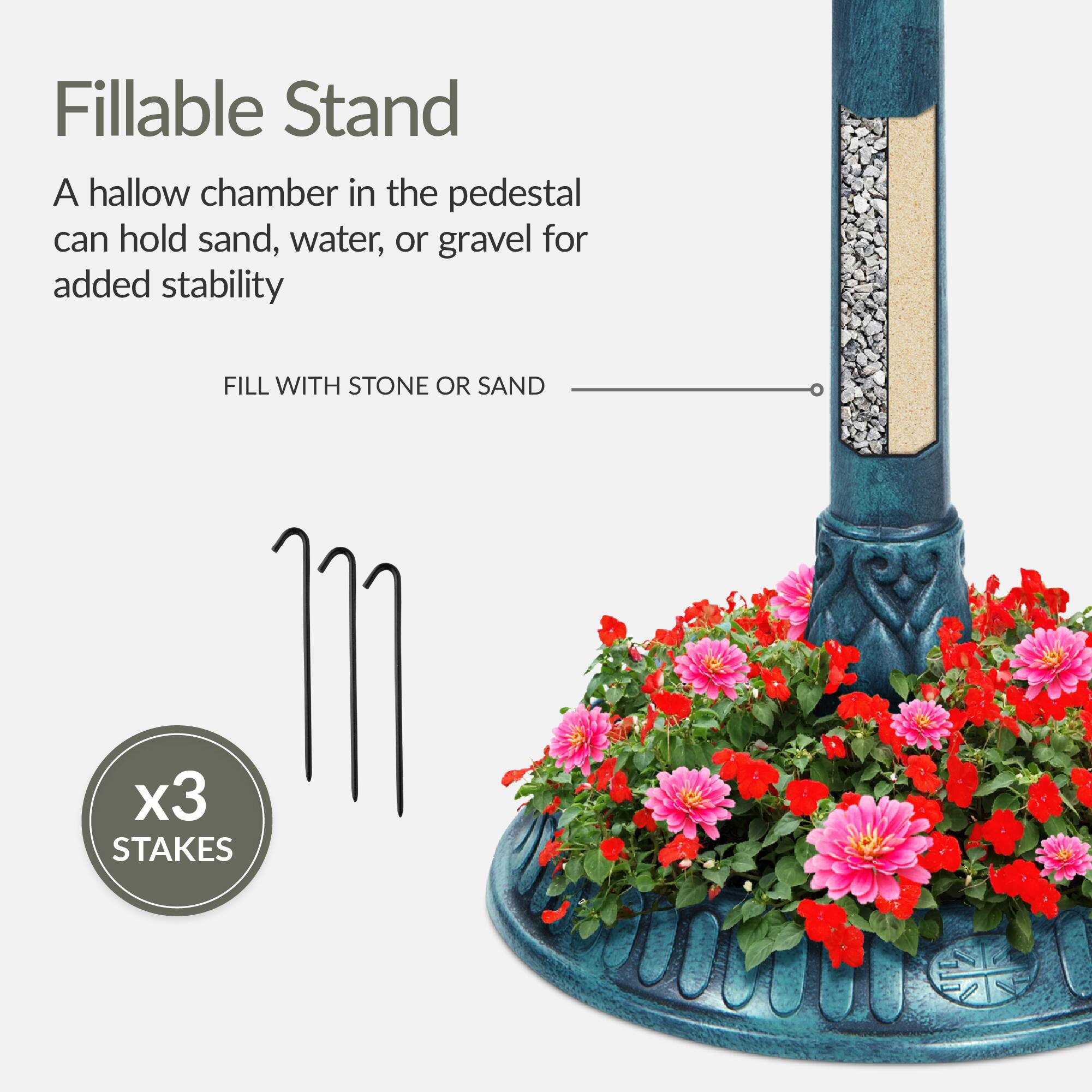 Fillable Stand

A hollow chamber in the pedestal can hold sand, water, or gravel for added stability

FILL WITH STONE OR SAND

x3 STAKES
