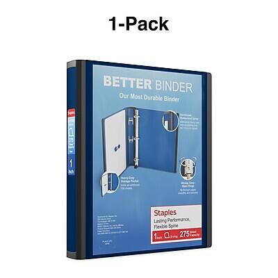 1-Pack  
BETTER BINDER  
Our Most Durable Binder  

Staples  
Lasting Performance  
Flexible Spine  
1"  
275 Sheets  

1 Pack  
275 Sheets