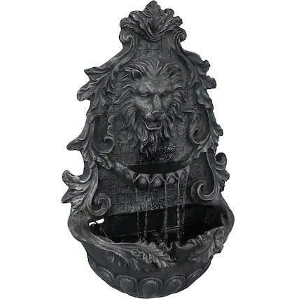 Front. Sunnydaze - Stoic Courage Lion Head Polyresin Outdoor Solar Wall Fountain - Grey.