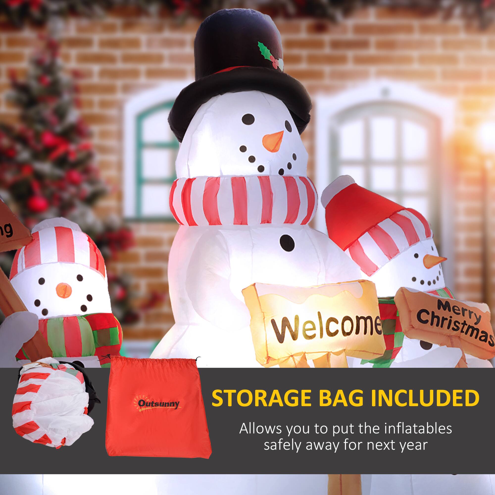 Welcome Christmas  
Merry  
STORAGE BAG INCLUDED  
Allows you to put the inflatables safely away for next year