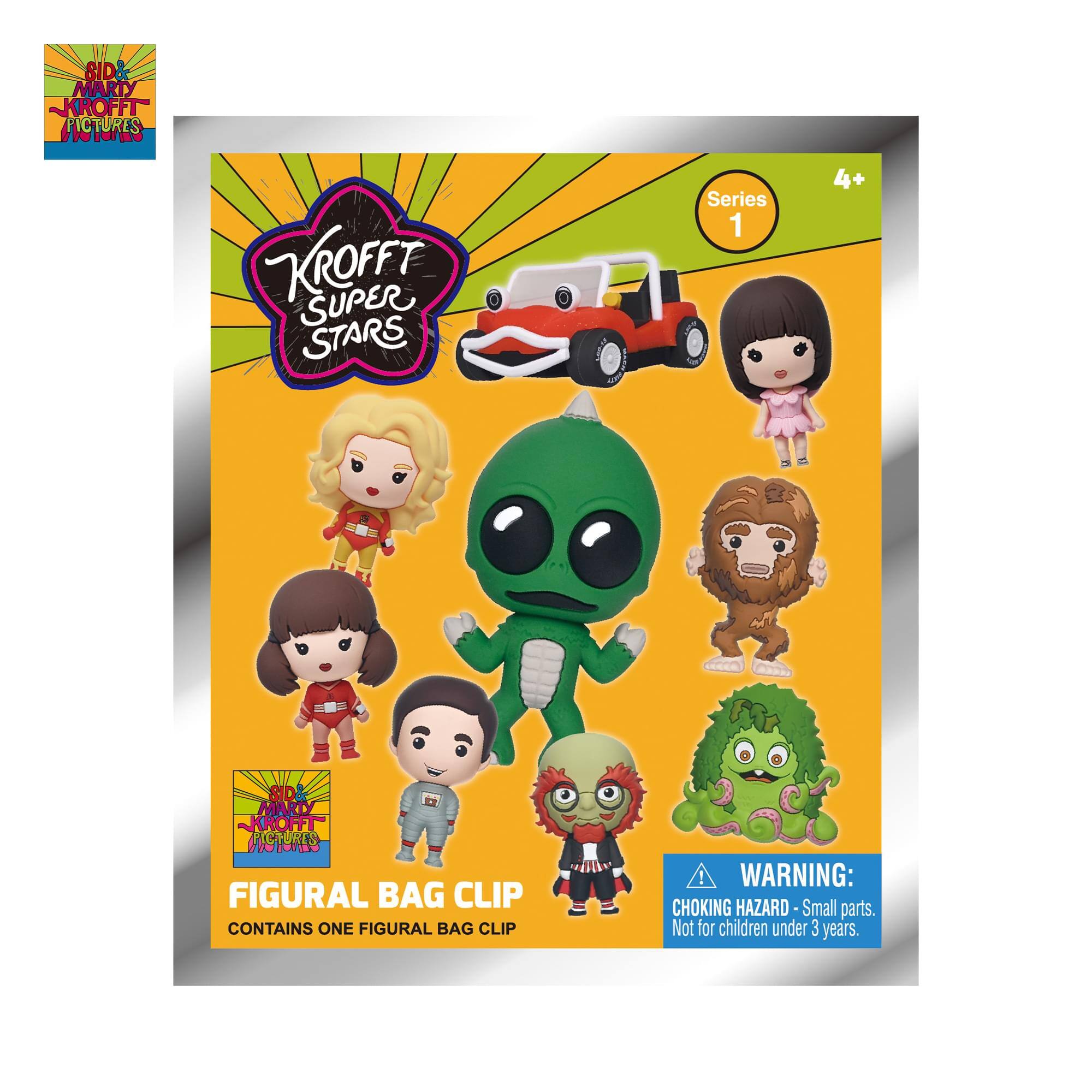 SID & MARTY KROFFT PICTURES  
KROFFT SUPER STARS  
Series 1  
4+  

SID & MARTY KROFFT  
NSTRES FIGURAL BAG CLIP  
CONTAINS ONE FIGURAL BAG CLIP  

WARNING: CHOKING HAZARD - Small parts. Not for children under 3 years.