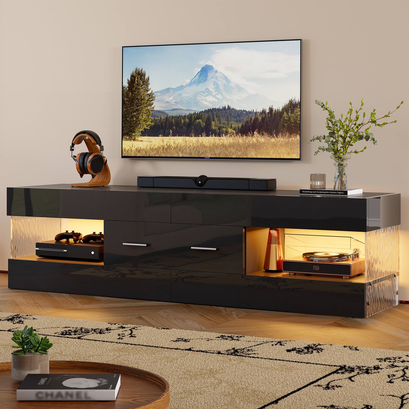 Alt View 1. Bestier - Bestier 60inch Glossy TV Stand for TVs Up to 65 Inches, Featuring a Drawer and LED-Lit Stone Grain Media Console - Black.
