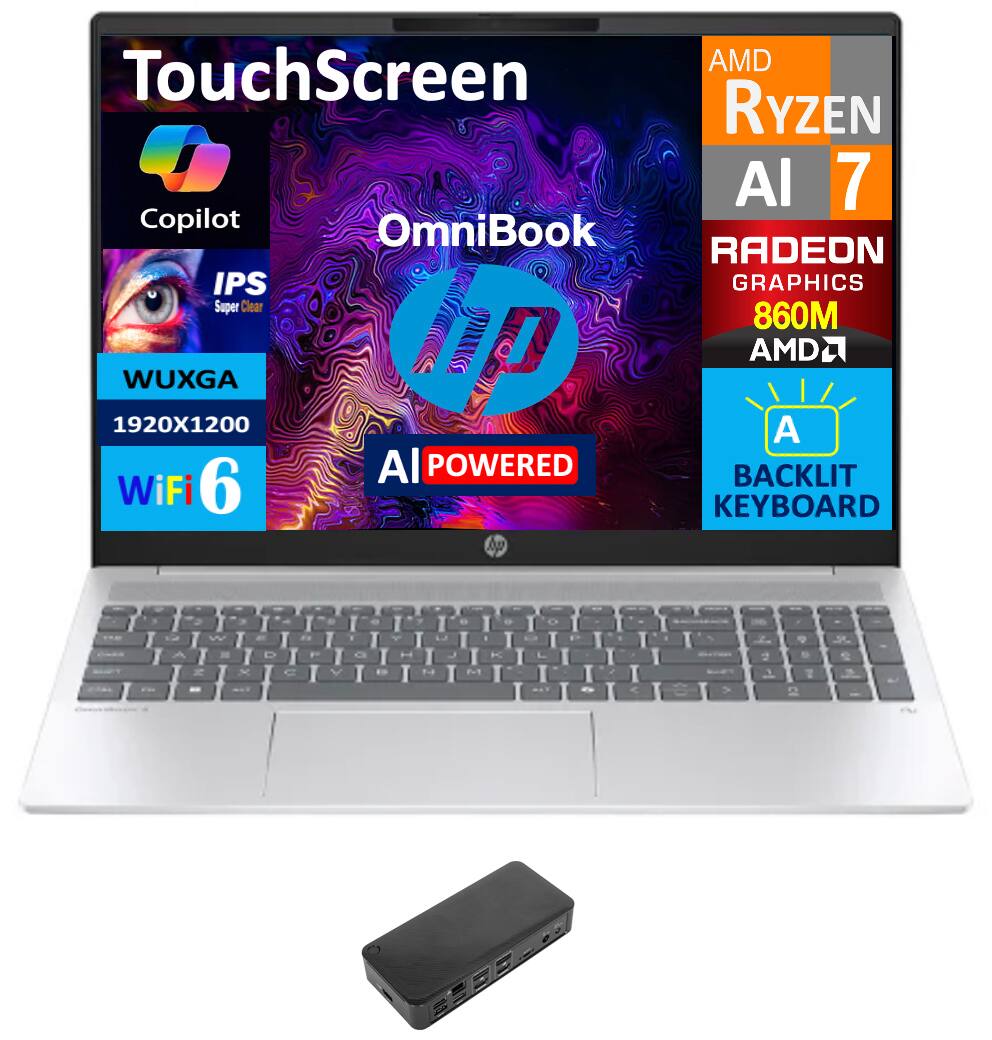 Sure, here is the corrected and grouped text from the image:

- TouchScreen
- Copilot
- OmniBook
- AMD Ryzen 7
- AI 7
- Radeon Graphics 860M
- IPS Super Clear
- WUXGA 1920x1200
- WiFi 6
- AI Powered
- Backlit Keyboard