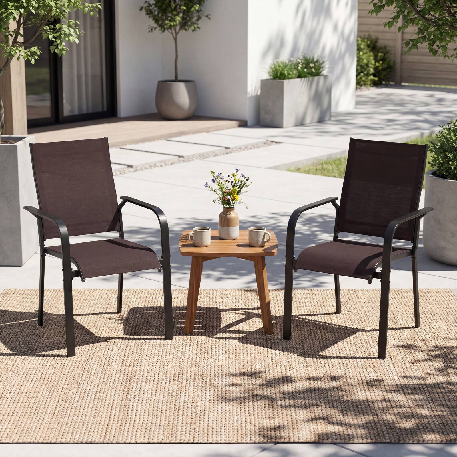 Alt View 3. Gymax - Gymax Patio Dining Chairs Set of 4 Stackable Outdoor Armchairs w/Metal FrameBackrest - Brown.