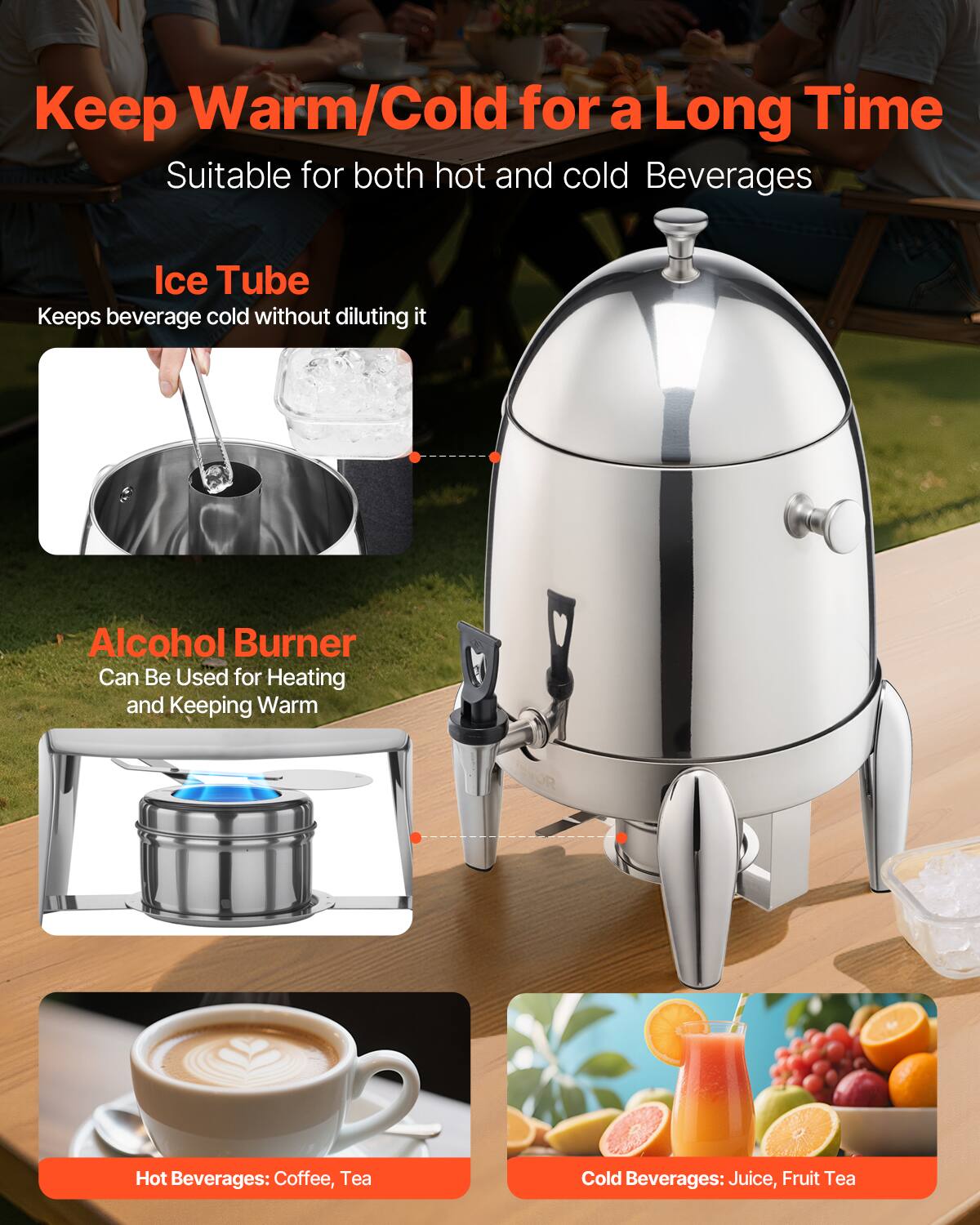 Keep Warm/Cold for a Long Time  
Suitable for both hot and cold Beverages  

Ice Tube  
Keeps beverage cold without diluting it  

Alcohol Burner  
Can Be Used for Heating and Keeping Warm  

Hot Beverages: Coffee, Tea  

Cold Beverages: Juice, Fruit Tea