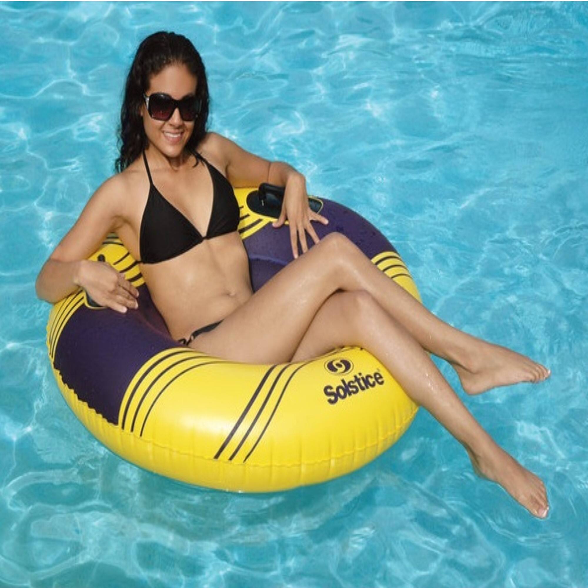 Alt View 1. Swim Central - Striped Solstice Inflatable Swimming Pool Ring Inner Tube - 42" - Yellow and Blue - Yellow.