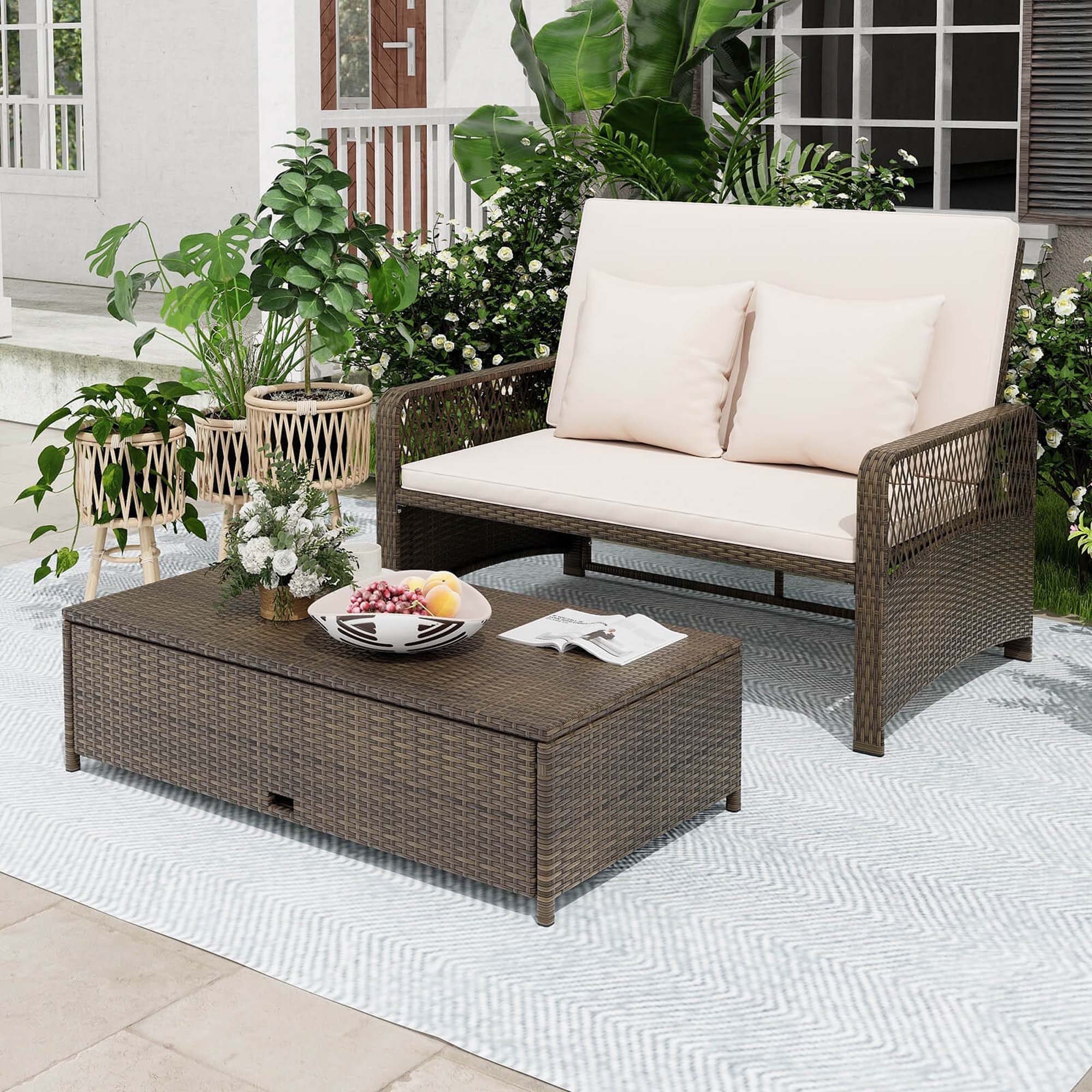 Alt View 1. Costway - Patio Rattan Daybed Wicker Loveseat Sofa with Multifunctional Ottoman - Mix Brown + Beige.