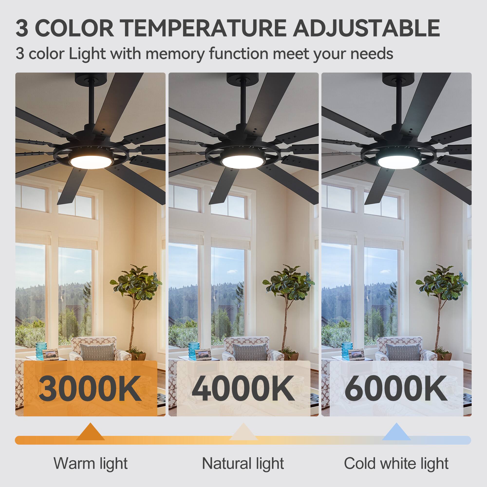 3 COLOR TEMPERATURE ADJUSTABLE  
3 color Light with memory function meet your needs  
3000K Warm light  
4000K Natural light  
6000K Cold white light