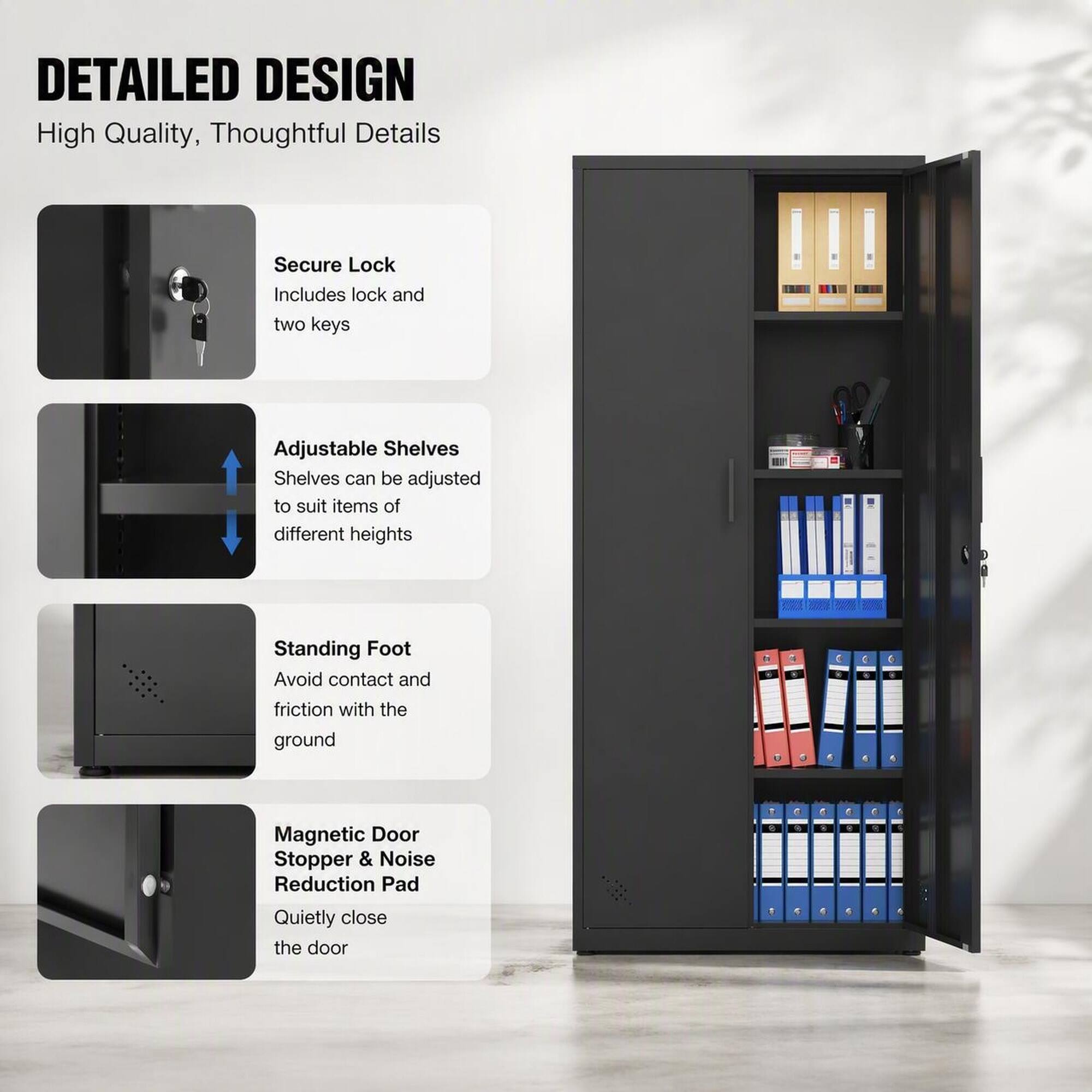 DETAILED DESIGN  
High Quality, Thoughtful Details

- Secure Lock  
  Includes lock and two keys

- Adjustable Shelves  
  Shelves can be adjusted to suit items of different heights

- Standing Foot  
  Avoid contact and friction with the ground

- Magnetic Door Stopper & Noise Reduction Pad  
  Quietly close the door