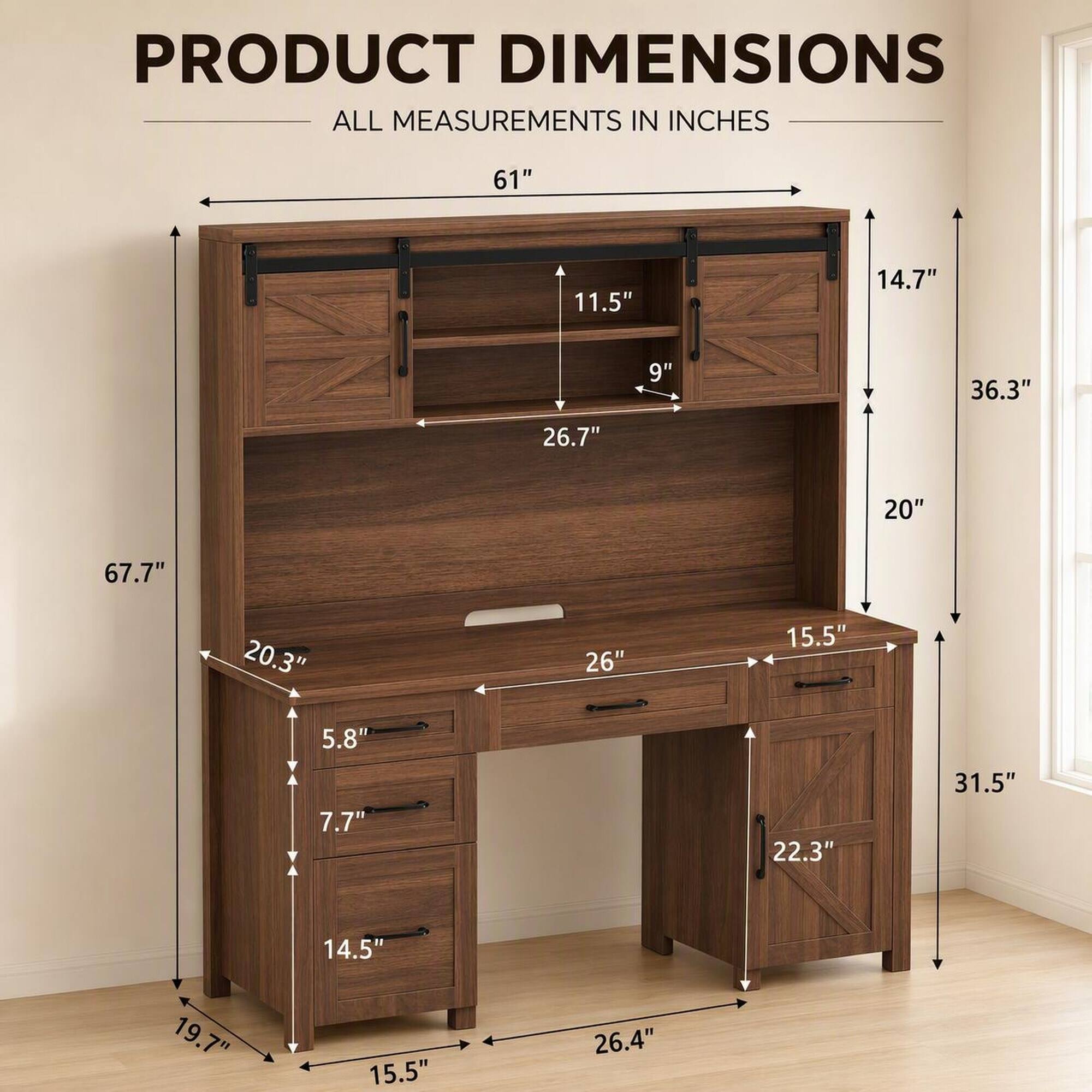 PRODUCT DIMENSIONS  
ALL MEASUREMENTS IN INCHES

61"  
11.5"  
14.7"  
9"  
36.3"  
26.7"  
20"  
67.7"  
20.3"  
26"  
15.5"  
5.8"  
7.7"  
22.3"  
31.5"  
14.5"  
19.7"  
15.5"  
26.4"