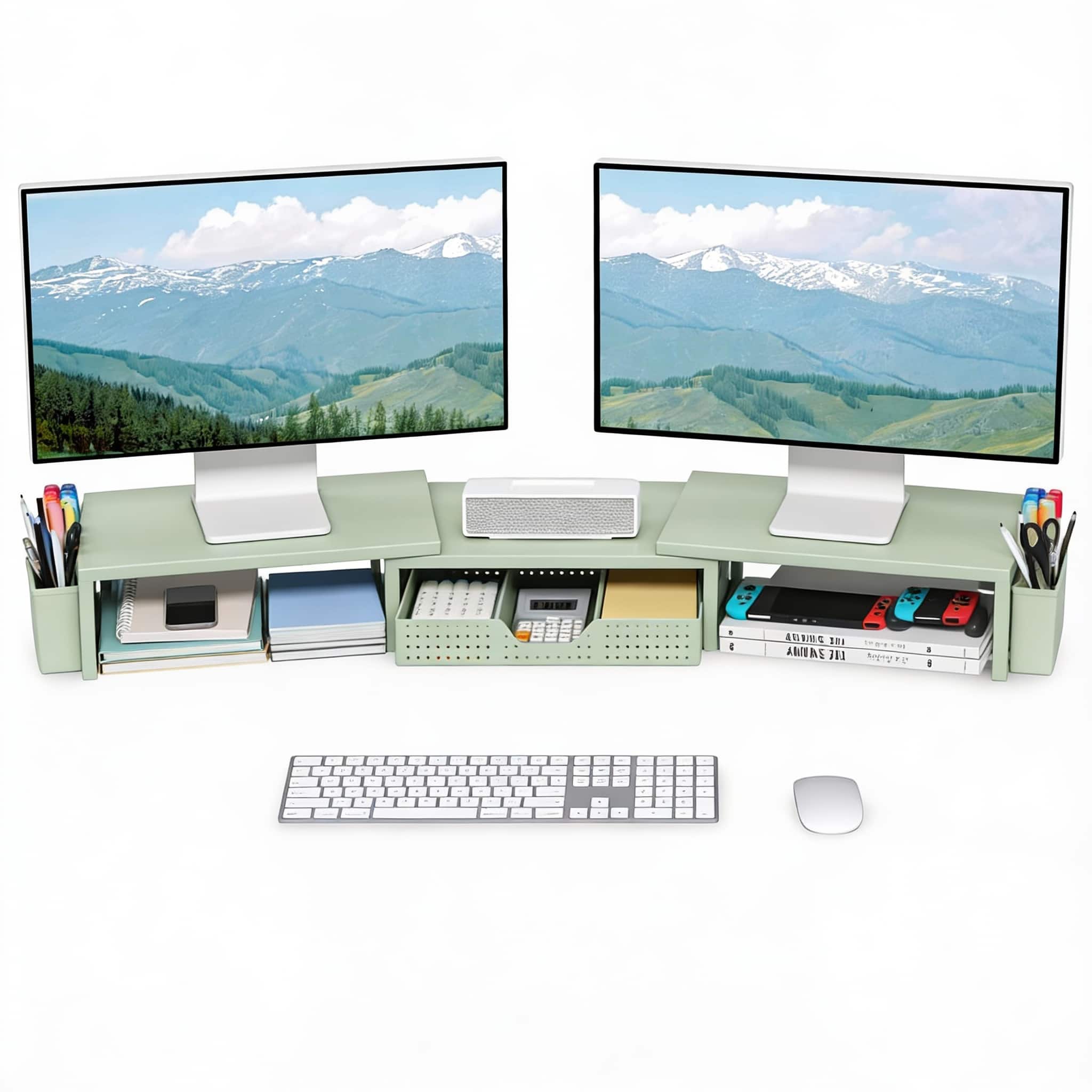 Frangdom - Monitor Riser Drawer Pen Holders Desk Organizer - Metal Green With drawer and pen holder