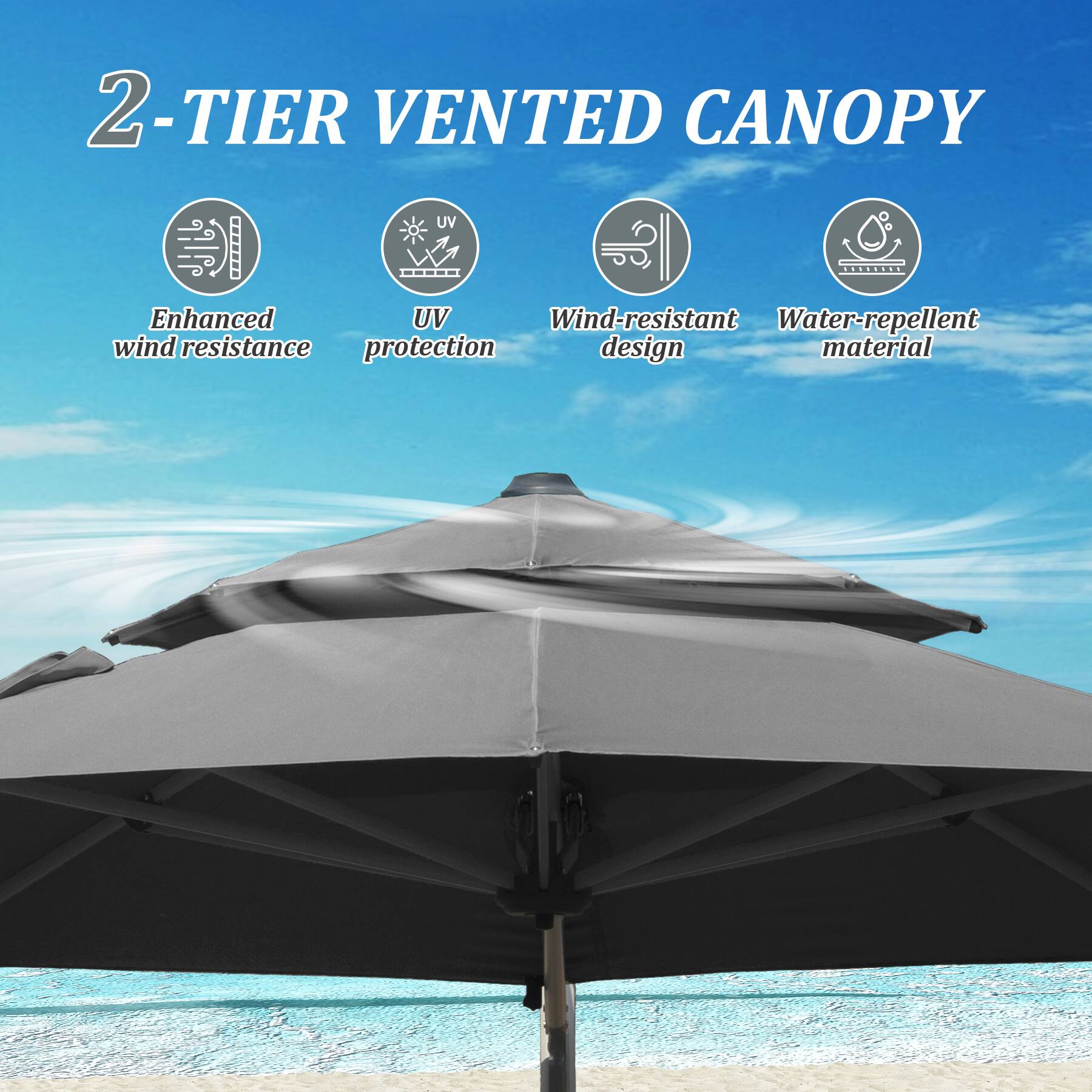 2-TIER VENTED CANOPY

- Enhanced wind resistance
- UV protection
- Wind-resistant design
- Water-repellent material