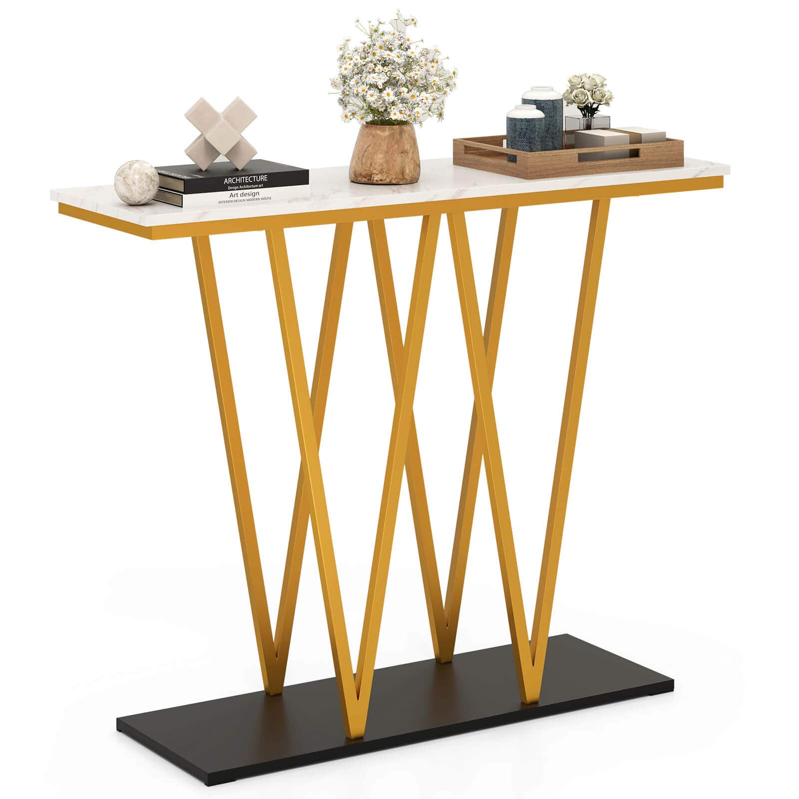 Costway - 40" Gold Entryway Table with Faux Marble Table & Metal Frame, Storage Base - White+Gold+Black