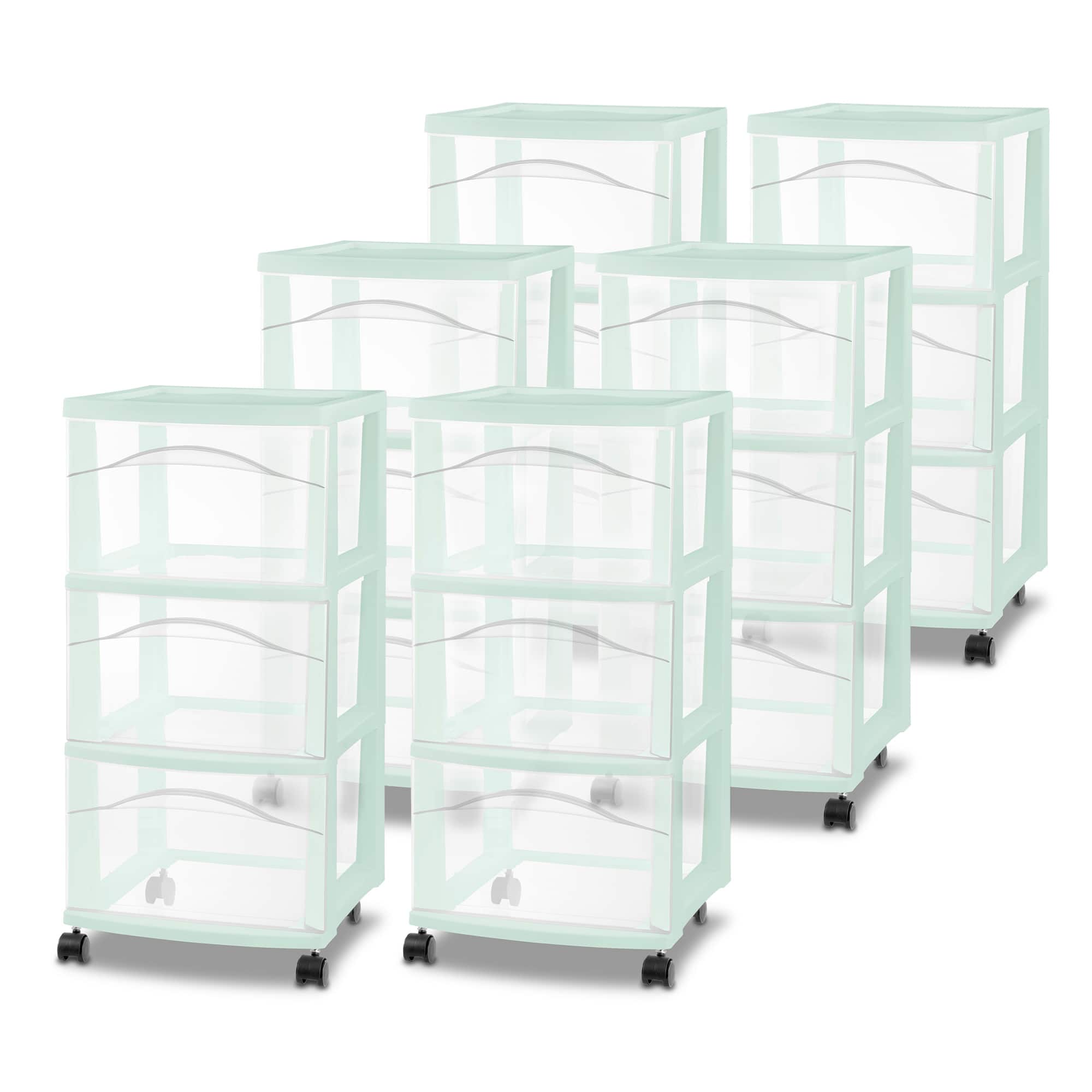 Sterilite - 3 Drawer Storage Cart, Plastic Rolling Organization Cart, 6 Pack - Mint