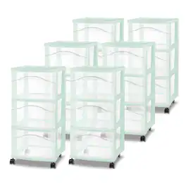 Sterilite - 3 Drawer Storage Cart, Plastic Rolling Organization Cart, 6 Pack - Mint