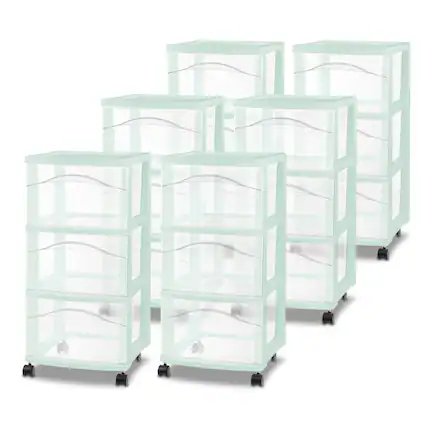 Front. Sterilite - Sterilite 3 Drawer Storage Cart, Plastic Rolling Organization Cart, Mint, 6 Pack - Mint.
