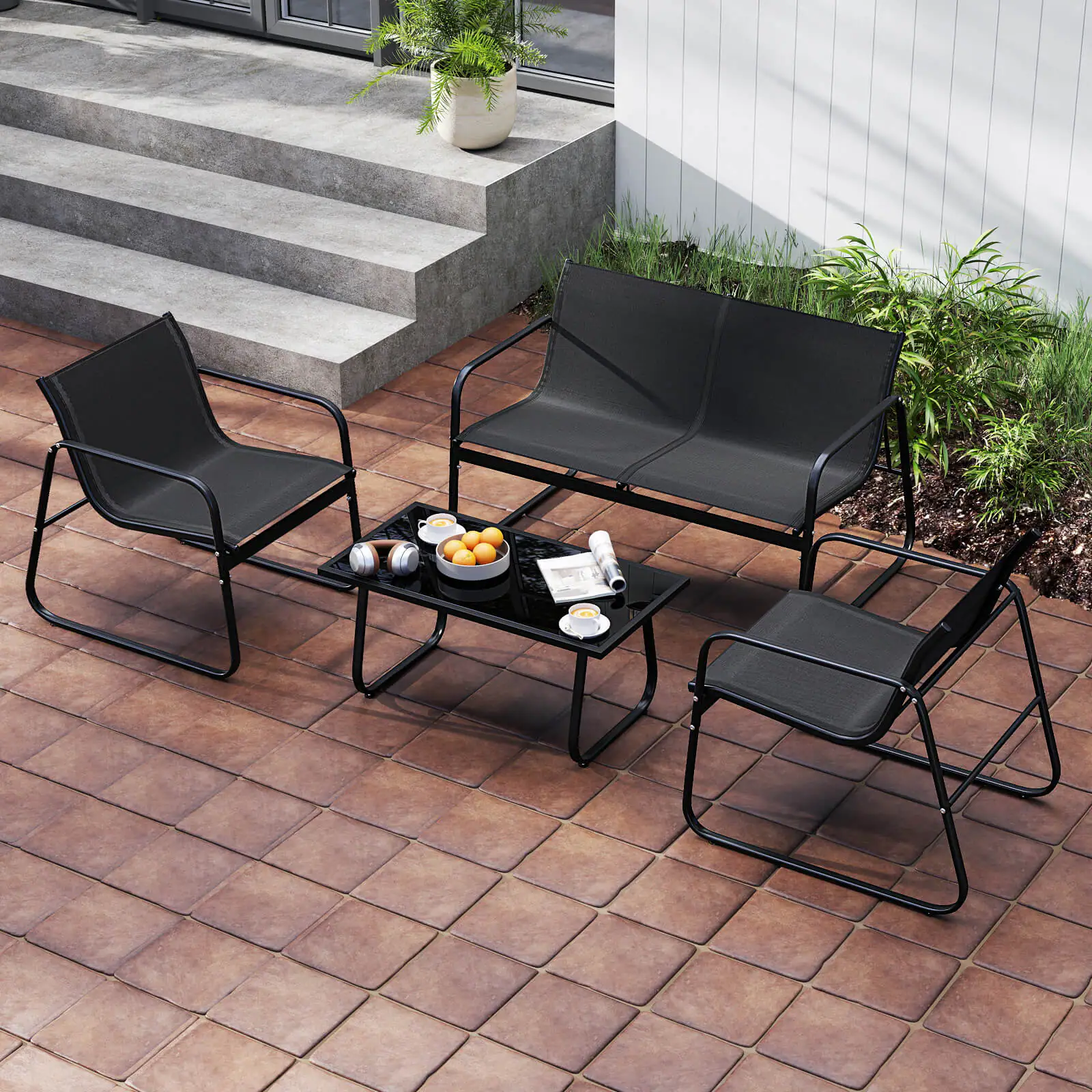 Alt View 1. Costway - Costway 4 PCS Patio Furniture Set Fabric Lawn Chairs and Loveseat with  Coffee Table - Black.