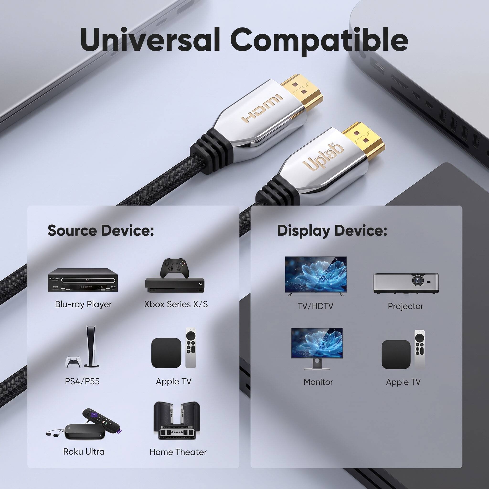 Universal Compatible 1 HDMI Uplab

Source Device:
- Blu-ray Player
- Xbox Series X/S
- PS4/P55
- Apple TV
- Roku Ultra
- Home Theater

Display Device:
- TV/HDTV
- Projector
- Monitor
- Apple TV