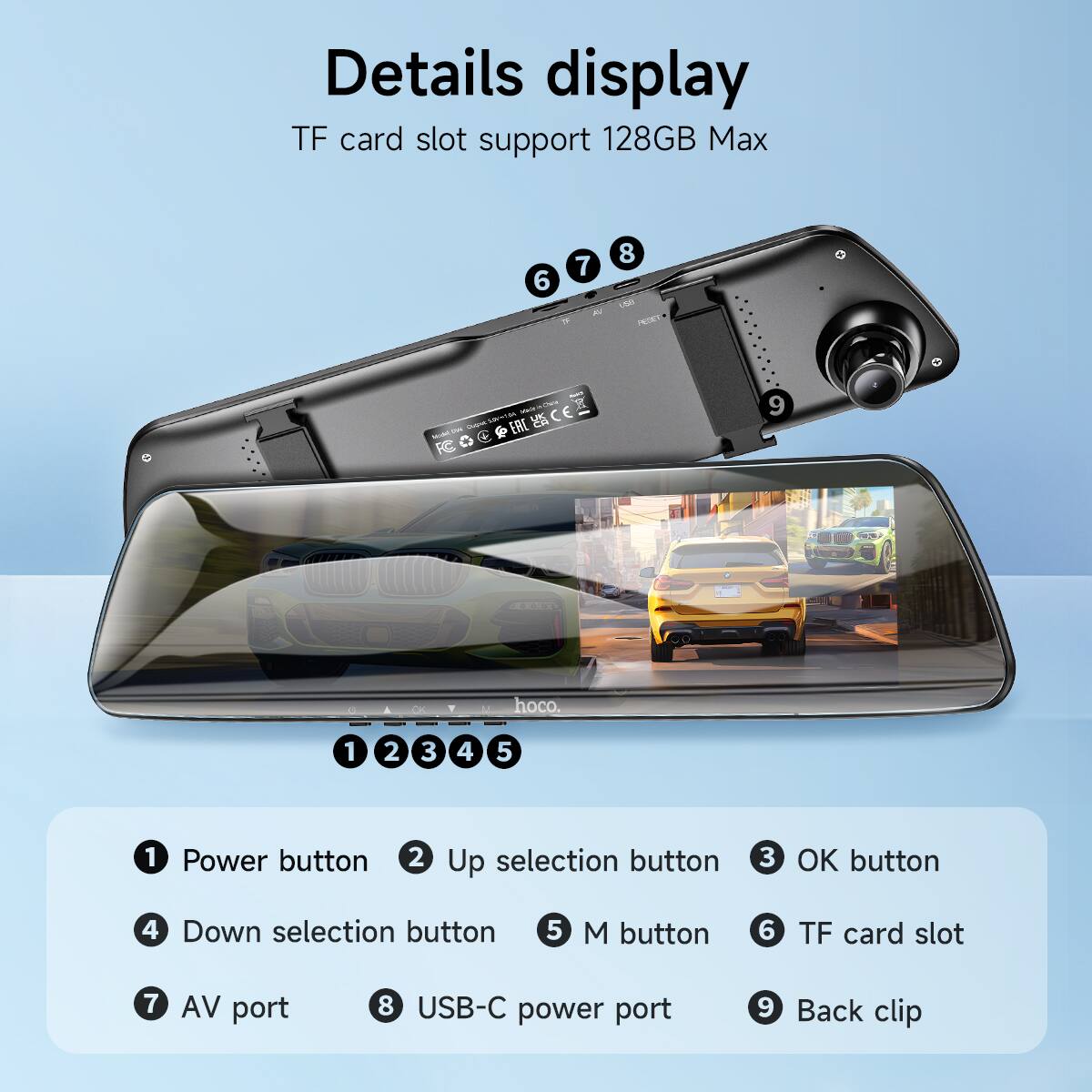 Details display  
TF card slot support 128GB Max  

1. Power button  
2. Up selection button  
3. OK button  
4. Down selection button  
5. M button  
6. TF card slot  
7. AV port  
8. USB-C power port  
9. Back clip