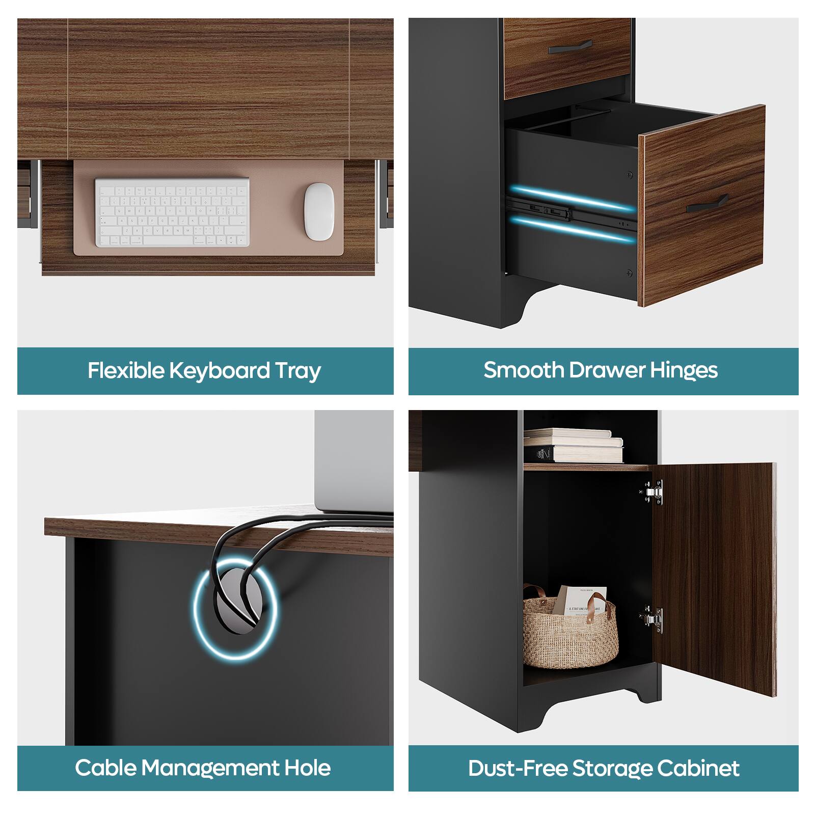 The image features a wooden desk with various compartments and storage solutions. The compartments include a flexible keyboard tray, a smooth drawer hinge, a cable management hole, and a dust-free storage cabinet. The desk is designed to provide convenience and organization for the user.