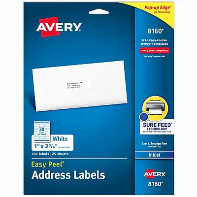 Pop-up Edge Self Peeling
AVERY 8160
Free Easy-to-Use Templates
avery.com/templates
30 bheis White 1" x 2 5/8"
750 labels - 25 sheets
Easy Peel Address Labels
SURE FEED TECHNOLOGY
Jam & Smudge Free
Inkjet
AVERY 8160
