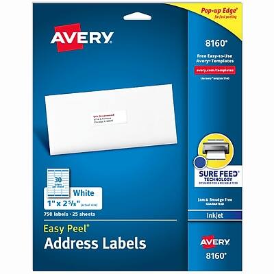 Pop-up Edge Self Peeling  
AVERY 8160  
Free Easy-to-Use Templates  
avery.com/templates  
30 bheis White 1" x 2 5/8"  
750 labels - 25 sheets  
Easy Peel Address Labels  
SURE FEED TECHNOLOGY  
Jam & Smudge Free  
Inkjet  
AVERY 8160