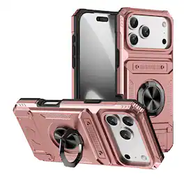 Dteck - Rugged Case For Apple iPhone 17 Pro Max Ring Holder Kickstand Magnetic Car Mount Hidden Card Slot Shockproof Cover - Rosegold