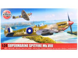 Level 4 Model Kit Supermarine Spitfire Mk.VIII Fighter Aircraft with 3 Scheme Options 1/24 Plastic Model Kit by Airfix - Multi