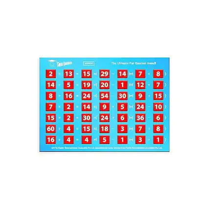 2 + 13 = 15
29 - 14 = 15
7 + 8 = 15
14 + 5 = 19
20 - 1 = 19
12 + 7 = 19
8 + 16 = 24
54 - 30 = 24
9 + 15 = 24
9 - 5 = 4
24 - 10 = 14
15 x 2 = 30
36 - 6 = 30
60 - 4 = 56
18 + 3 = 21
7 + 8 = 15
16 + 4 = 20
3 + 1 = 4
2017 G Family Entertainment (Asstrada) Pty Ltd Manufactured under license from Paroiy Entertaloreene (Auran E Lis