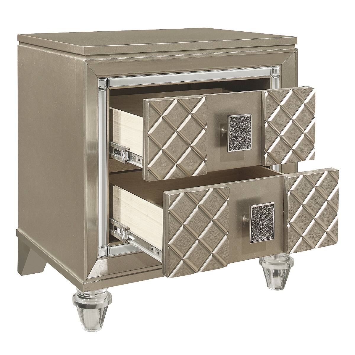 Back. Loheer - Loheer Champagne Nightstand with Two Drawers, Beveled Mirror Trim and Acrylic Feet - Champagne.