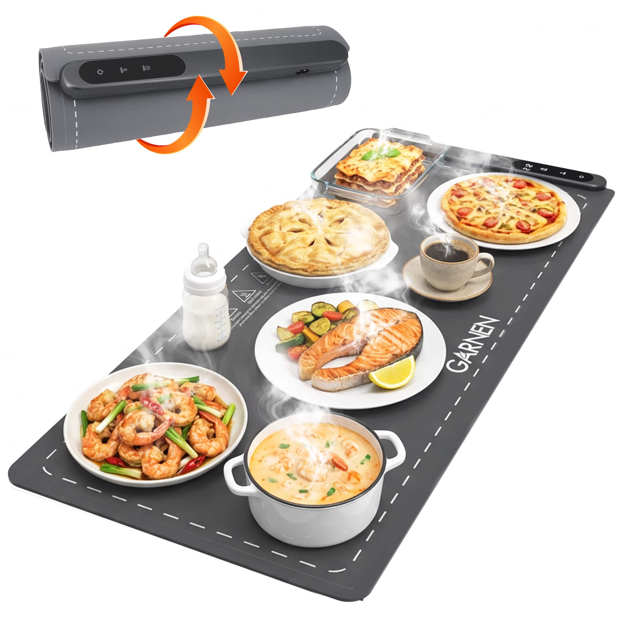 Garnen - 6-Temp Electric Food Warming Mat for Food, 36"x16" Silicone Food Warmer, 6 Timer Roll Up Graphene Heating Mat for Food - Gray