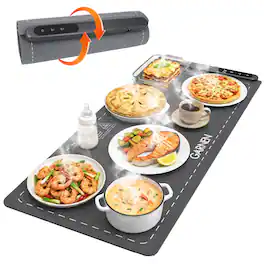 Garnen - 6-Temp Electric Food Warming Mat for Food, 36"x16" Silicone Food Warmer, 6 Timer Roll Up Graphene Heating Mat for Food - Gray