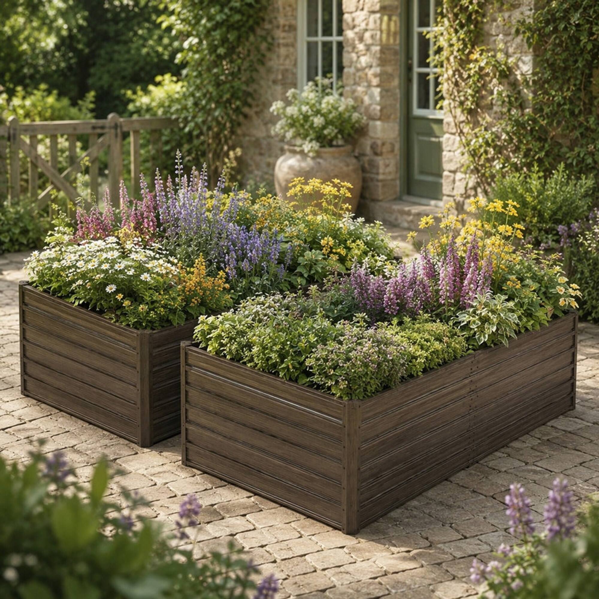 Angle. RYHNUYNE - 8x4x2 FT Woodgrain Galvanized Raised Garden Bed Set of 2 for Vegetables, Flowers, Herbs and Fruits - Walnut.