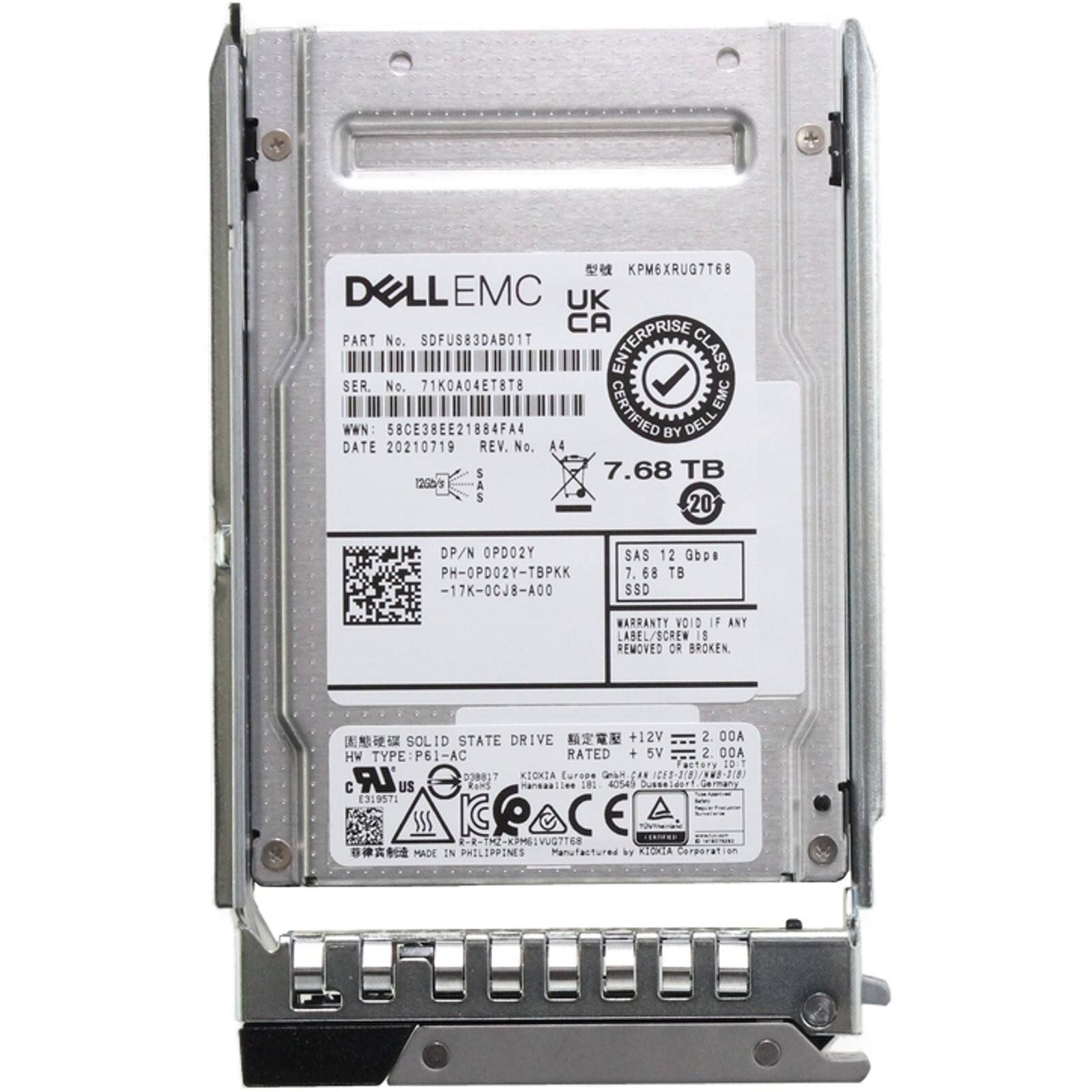KPM6XRU07T68  
DELL EMC UK CA  
PART No. SDFUS83DAB01T  
ENTERPRISE CLASS  
SER. No. 71K0A04ET8T8  
CERTIFIED EMC WWN: 58CE38EE21884FA4  
BY DELL  
DATE 20210719  
REV. No. A4  
7.68 TB  
DP/N OPD02Y  
PH-OPD02Y-TBPKK  
-17K-0CJB-A0O  
SAS 12 Gb/s  
7.68 TB SSD  
WARRANTY VOID IF ANY LABEL/SCREW IS REMOVED OR BROKEN  
SOLID STATE DRIVE  
+12V 2.00A  
+5V 2.00A  
HW TYPE: P61-AC  
RATED  
MADE IN PHILIPPINES  
Manufactured by CECHA Corporation