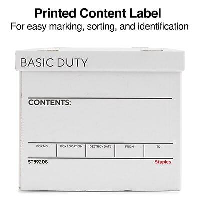 Printed Content Label  
For easy marking, sorting, and identification  

BASIC DUTY  

CONTENTS:  

BOX NO: ST59208  
BOX LOCATION:  
DESTROY DATE:  
FROM:  
TO:  

Staples